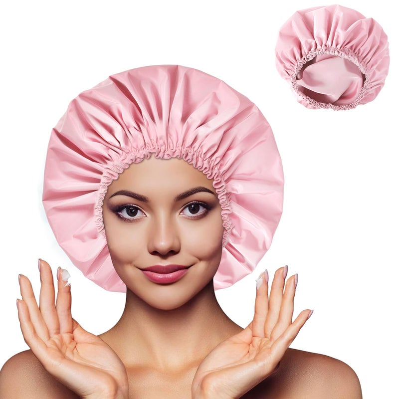 CHFONG Shower Cap for Women, Double Layer Waterproof Bath Cap, Reusable Hair Protector, Large Waterproof Shower Bonnet Washable Elastic Band Bath Hair Hat for Long Hair, Braidsï¼Œ - Pink - Image 2