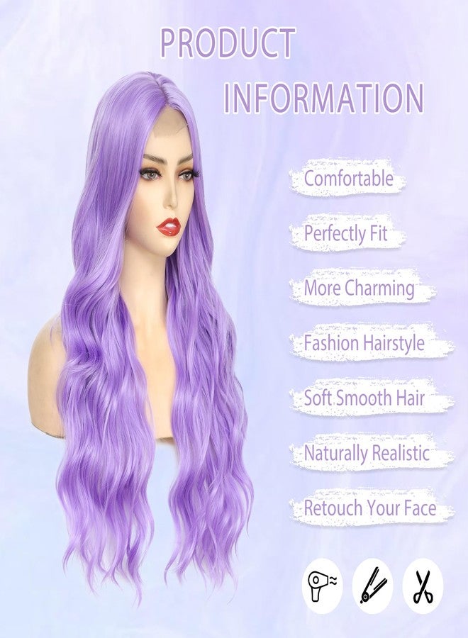 Angzon Long Purple Wavy Wig for Women 26 Inch Light Purple Middle Part Curly Synthetic Hair Wig Natural Look Heat Resistant Fiber for Daily Party Use - Image 2