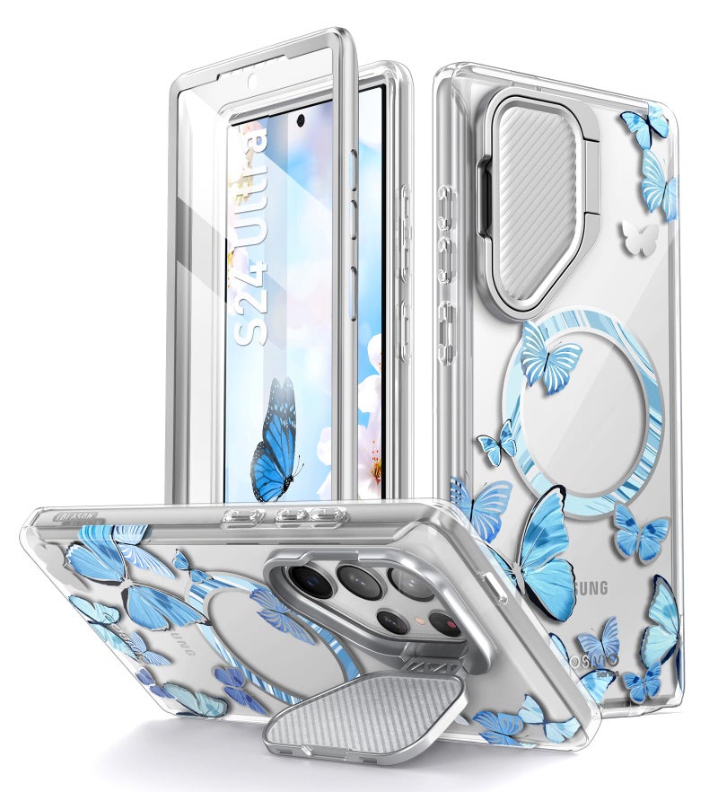 I-blason غطاء i-Blason كوزمو لهاتف سامسونج جالاكسي S24 ألترا مع غطاء كاميرا وحامل، [يدعم MagSafe] غطاء أنيق 360 كامل مع واقي شاشة وحامل مغناطيسي لهاتف S24 ألترا، بلو فلاي - Image 1