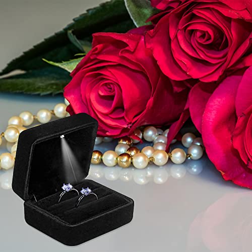 GBYAN Velvet 2 Slots Ring Box with LED Light for Ceremony Jewelry Display Gift Box for Engagement, Wedding, Black - Image 3