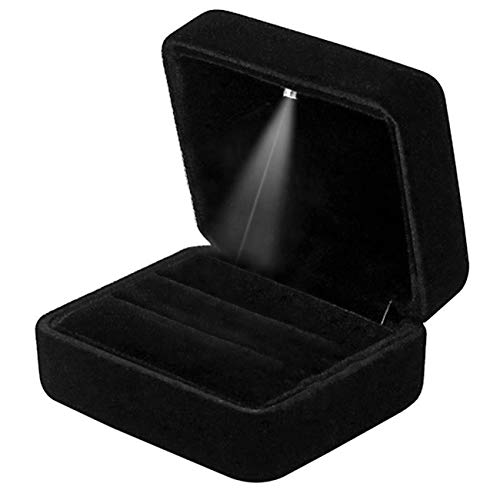GBYAN Velvet 2 Slots Ring Box with LED Light for Ceremony Jewelry Display Gift Box for Engagement, Wedding, Black - Image 1