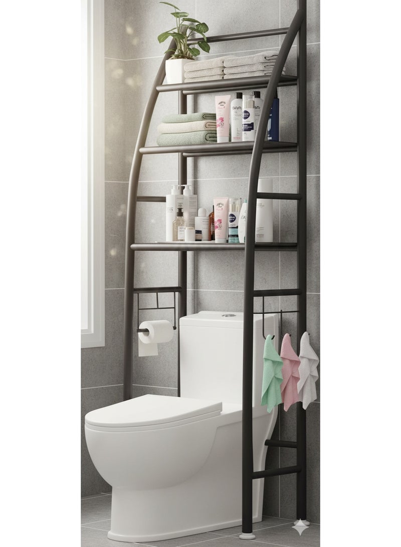 بلومنغ تايم رف تخزين مقوس بثلاثة أرفف يُعلق فوق المرحاض - معدني أسود موفر للمساحة في الحمام مع حامل ورق تواليت وخطافات للمناشف - Image 2