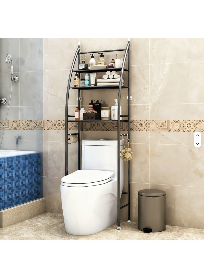 بلومنغ تايم رف تخزين مقوس بثلاثة أرفف يُعلق فوق المرحاض - معدني أسود موفر للمساحة في الحمام مع حامل ورق تواليت وخطافات للمناشف - Image 5