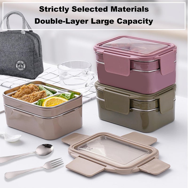 HI-FINE Lunch Box, 2 Tier Stainless Steel Bento Lunch Box with 3 Compartments and Cutlery (Spoon & Fork) for Kids and Adults, Leakproof | BFA Free | Allow Dishwasher 1000ml (Pink) - Image 4