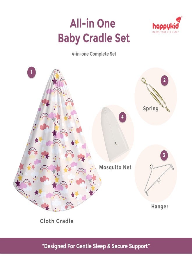 Happykid Baby Cradlé Set | Durable Cotton Cloth, Mosquito Net, Spring, Triangle and Window Hanger (White & Purple, Cradle (Without Window Hanger)) - Image 2