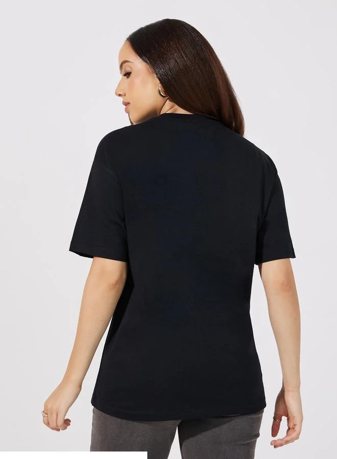 Styli Slogan Detail Round Neck Short Sleeve Oversized T-Shirt