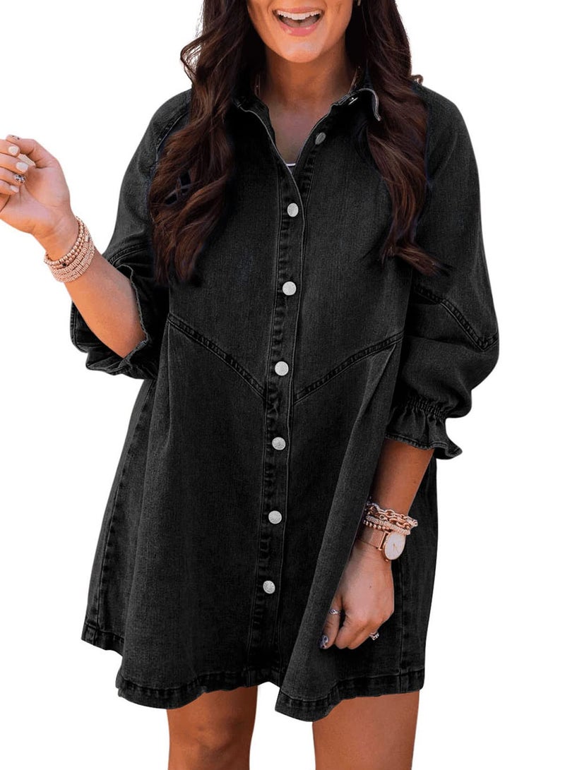 Sidefeel Womens Smocked 3 4 Sleeve Button Down Denim Jeans Dresses Large Black - Image 1