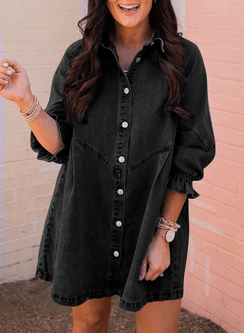 Sidefeel Womens Smocked 3 4 Sleeve Button Down Denim Jeans Dresses Large Black - Image 2