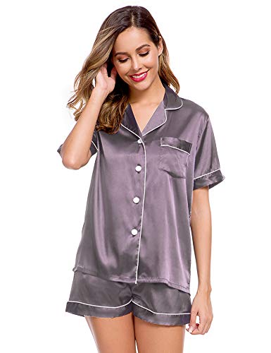 LecGee Womens Silk Satin Pajamas Short Sleeve Loungewear Two-Piece Sleepwear Button-Down Pj Set - Image 2