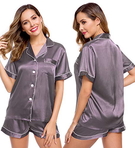LecGee Womens Silk Satin Pajamas Short Sleeve Loungewear Two-Piece Sleepwear Button-Down Pj Set - Image 1