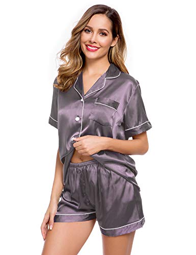 LecGee Womens Silk Satin Pajamas Short Sleeve Loungewear Two-Piece Sleepwear Button-Down Pj Set - Image 3