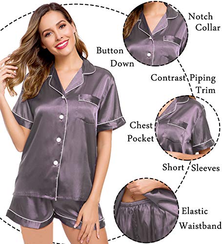 LecGee Womens Silk Satin Pajamas Short Sleeve Loungewear Two-Piece Sleepwear Button-Down Pj Set - Image 5