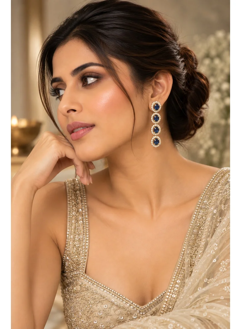 Lehar Sapphire Blue Color Oval Halo Linear Earrings - Gold Tone Indian Bridal Jewelry
