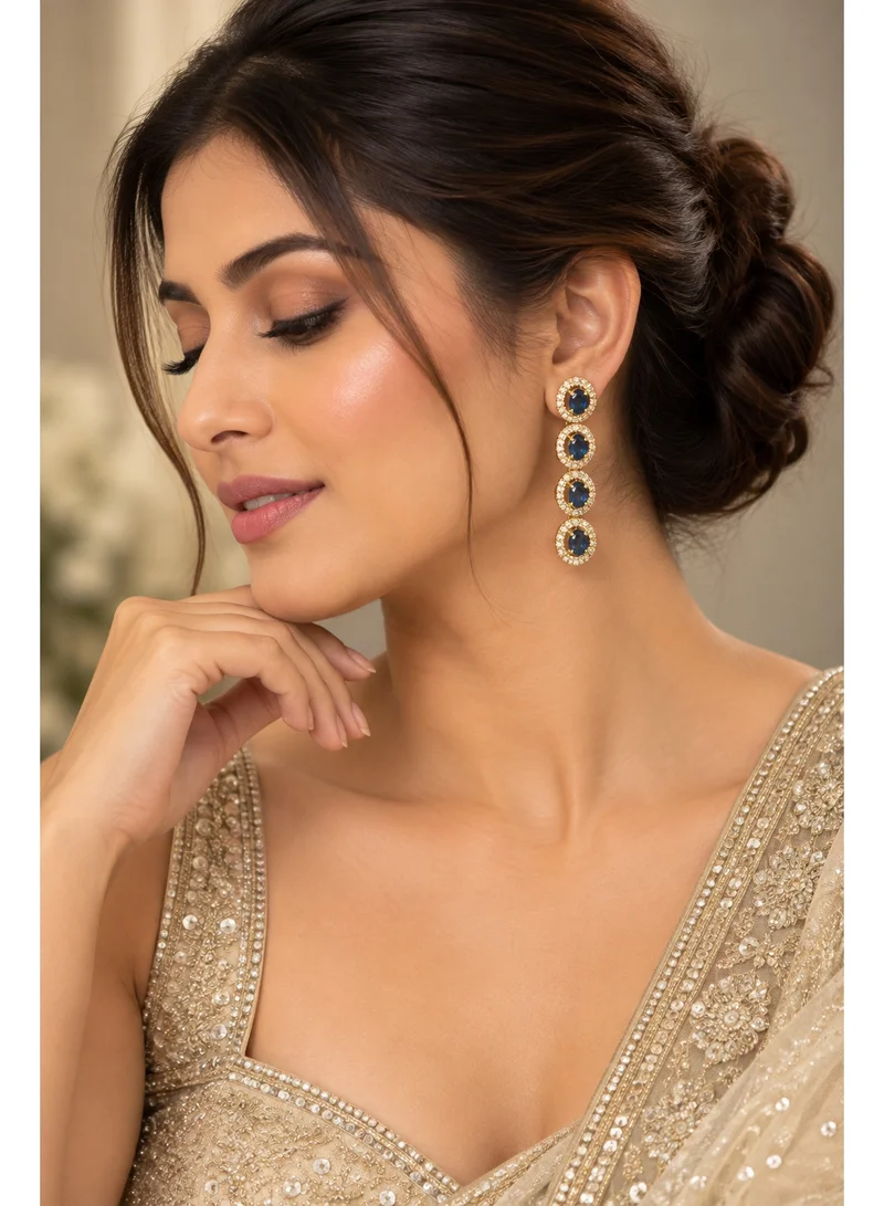 Lehar Sapphire Blue Color Oval Halo Linear Earrings - Gold Tone Indian Bridal Jewelry