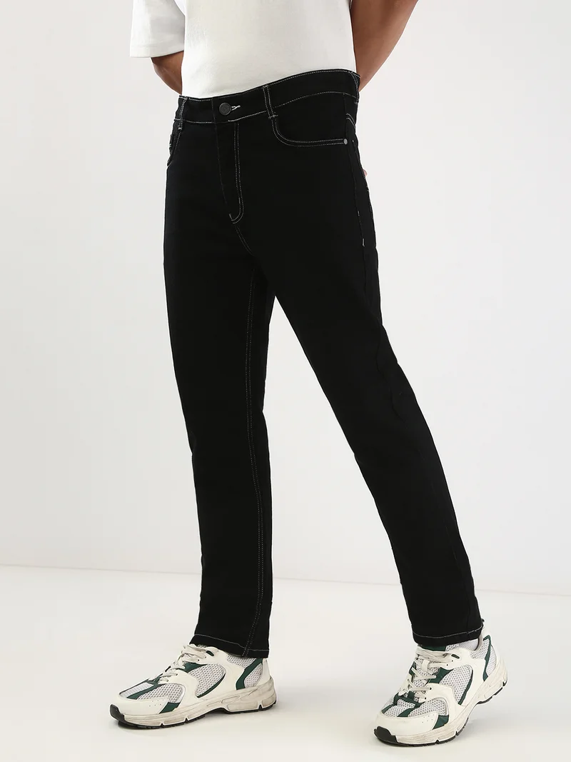 Urbano Fashion Men's Black Straight Fit Washed Jeans Stretchable