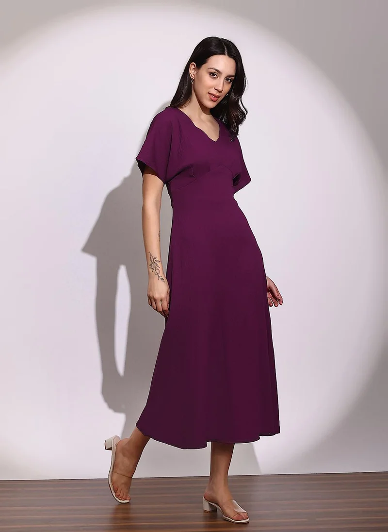 globus Globus Women Burgundy V-Neck Extended Sleeves Midi A-Line Dress