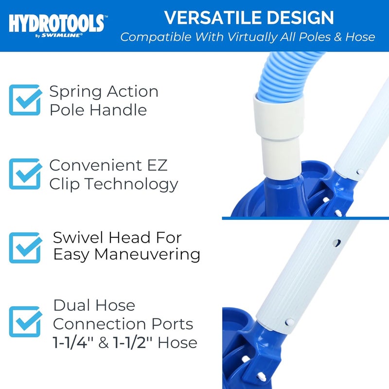 سويم لاين ملحق رأس مكنسة تنظيف حمام السباحة اليدوي من HYDROTOOLS لحمامات السباحة الأرضية وفوق الأرضية | رأس مكنسة حمام سباحة على شكل نصف قمر مع شعيرات | خرطوم 1-1/4/1-1/2 بوصة | مقبض EZ Clip لتنظيف الحطام والزوايا، أزرق - Image 5