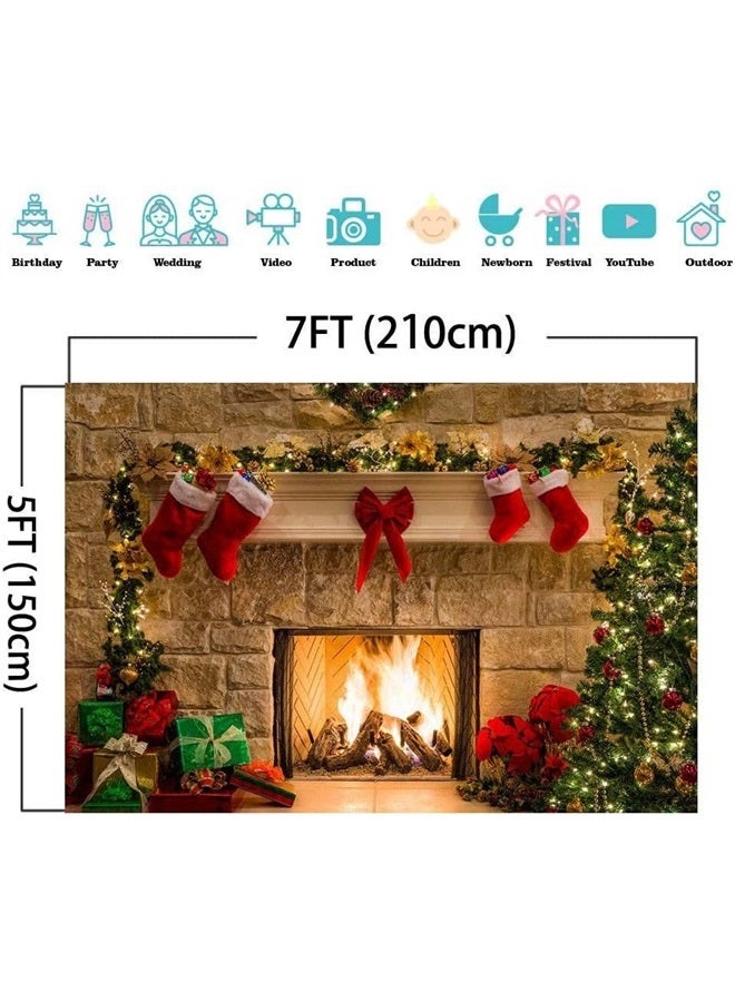 Fanghui Fireplace Holiday Photography Backdrop Photo Booths Studio Props Vinyl 7x5ft Christmas Stocking Tree Photo Background Winter Xmas Birthday Party Decorations Baby Shower Supplies - Image 1