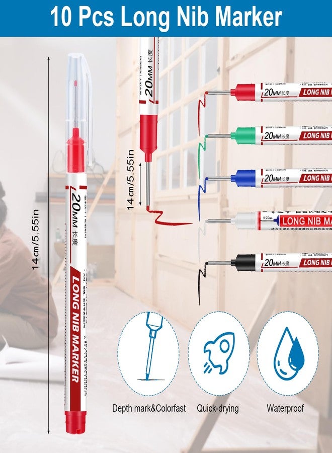 Thboxes 10 Pack Long Nib Marker, 20mm Long Head Deep Hole Markers Waterproof Construction Markers Marking Tool Deep Reach Pen for Carpenter Woodworking Metal - Image 2
