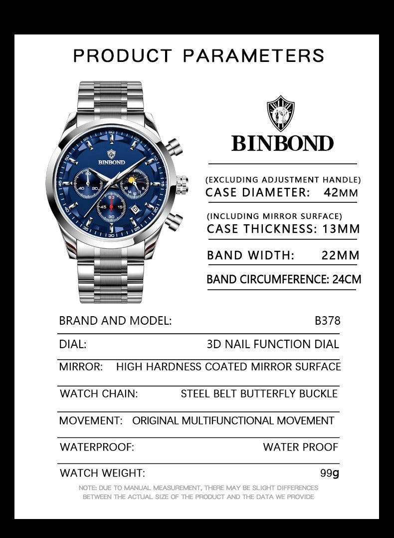 بينبوند ساعات رجالية كوارتز ساعة رجالية مقاومة للماء من الفولاذ المقاوم للصدأ ساعة رجالية كوارتز للأعمال - Image 4