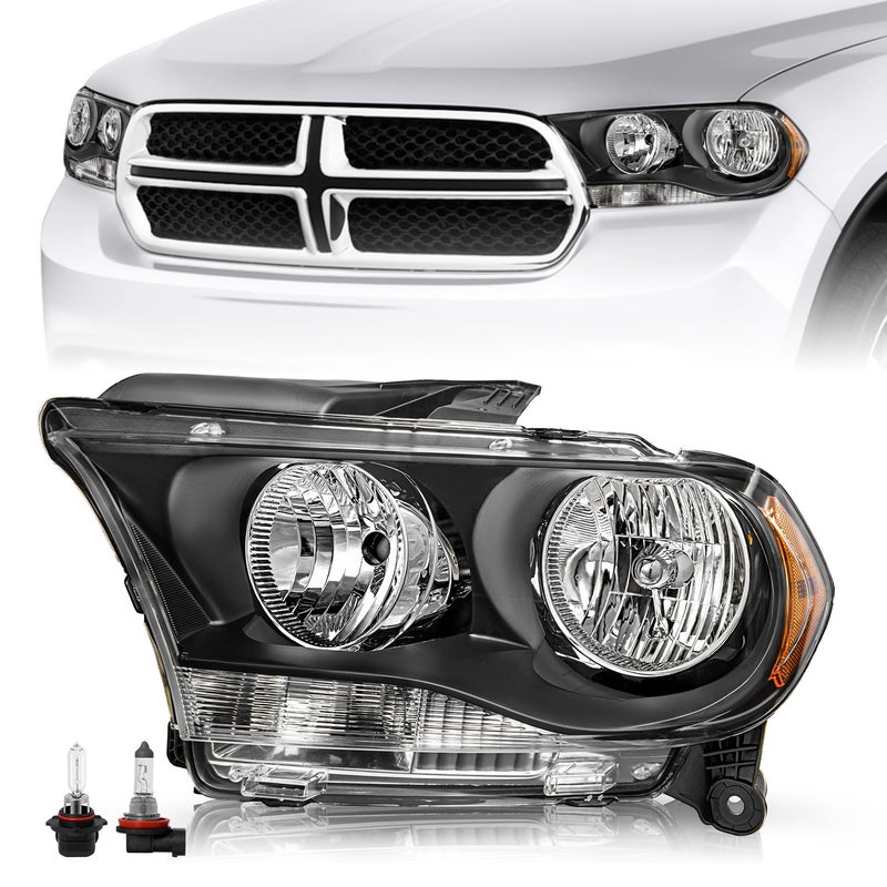 TUSDAR Halogen Not HID Type Headlight Assembly Compatible with 2011 2012 2013 Dodge Durango Headlamp LeftDriver Side Black Housing Amber Reflector wBulbs