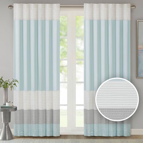 Madison Park Window Curtain Single Panel Faux Silk, Elegant Pleats, Rod Pocket Curtains for Living Room Privacy, Room Darkening Window Curtain for Bedroom and Dorm, Amherst, 50x84, Aqua - Image 1