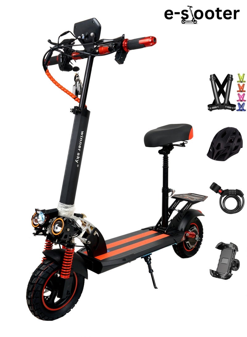 وينر سكاي الفائز سكاي E10 برو (بلس) سكوتر كهربائي – محرك قوي، سرعة ممتازة، مدى 35-40 كم مع بطارية 48V13AH، شاشة رقمية كبيرة، بلوتوث، إطارات 10" للطرق الوعرة، سكوتر قابل للطي، يشمل خوذة مجانية، مجموعة أدوات، حزام أمان، قفل، مضخة وحامل للهاتف المحمول. - Image 2