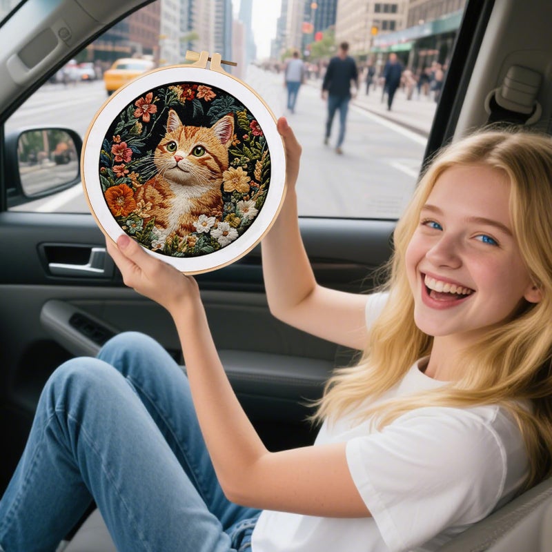 FONNUY Funny Cat Floral Embroidery Kit, Cross Stitch Kits for Beginners, Handmade Crafts with Printed Patterns for Beginner Adults, Easy to Follow Color Thread Needlework, 8'' Hoop (Luminous Cat) - Image 3