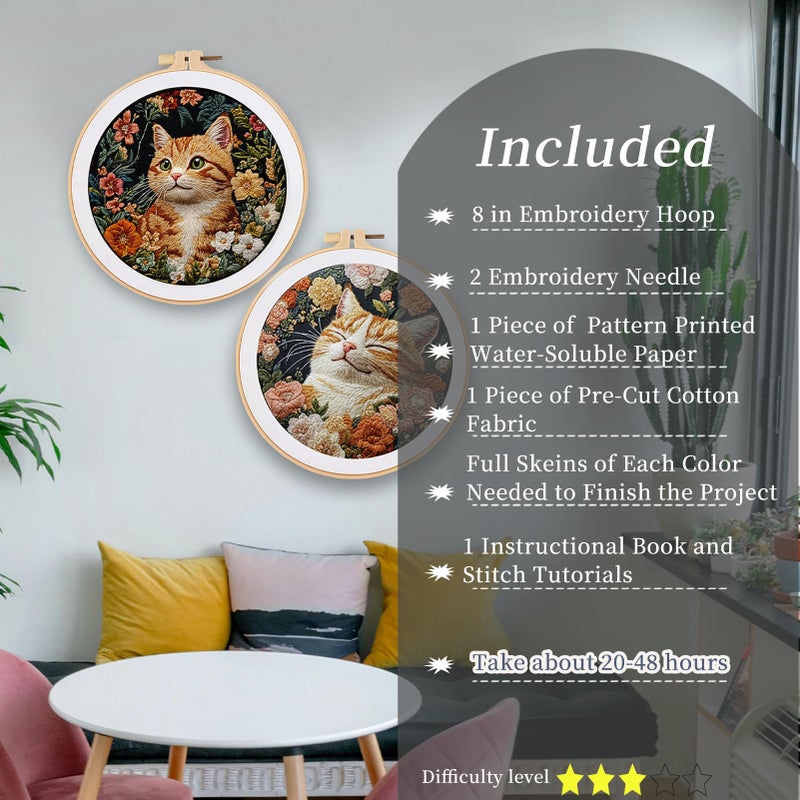 FONNUY Funny Cat Floral Embroidery Kit, Cross Stitch Kits for Beginners, Handmade Crafts with Printed Patterns for Beginner Adults, Easy to Follow Color Thread Needlework, 8'' Hoop (Luminous Cat) - Image 2