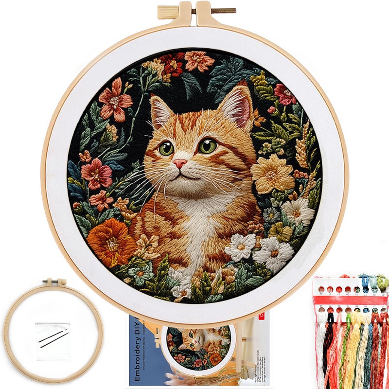 FONNUY Funny Cat Floral Embroidery Kit, Cross Stitch Kits for Beginners, Handmade Crafts with Printed Patterns for Beginner Adults, Easy to Follow Color Thread Needlework, 8'' Hoop (Luminous Cat) - Image 1