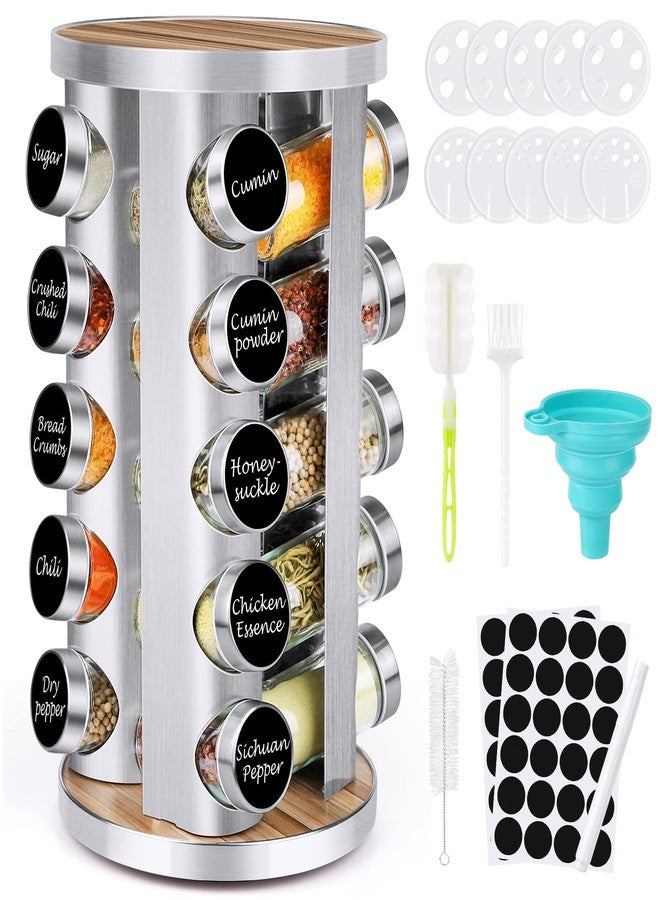 CANTAMI Spice Rack Organizer with Jars for Cabinet (20Pcs) Revolving/Rotating Seasoning Organizer, Stainless Steel/Wooden Countertop Rack Tower Organizer for Kitchen Pantry with Reusable Labels/Funnel/Brushes - Image 1