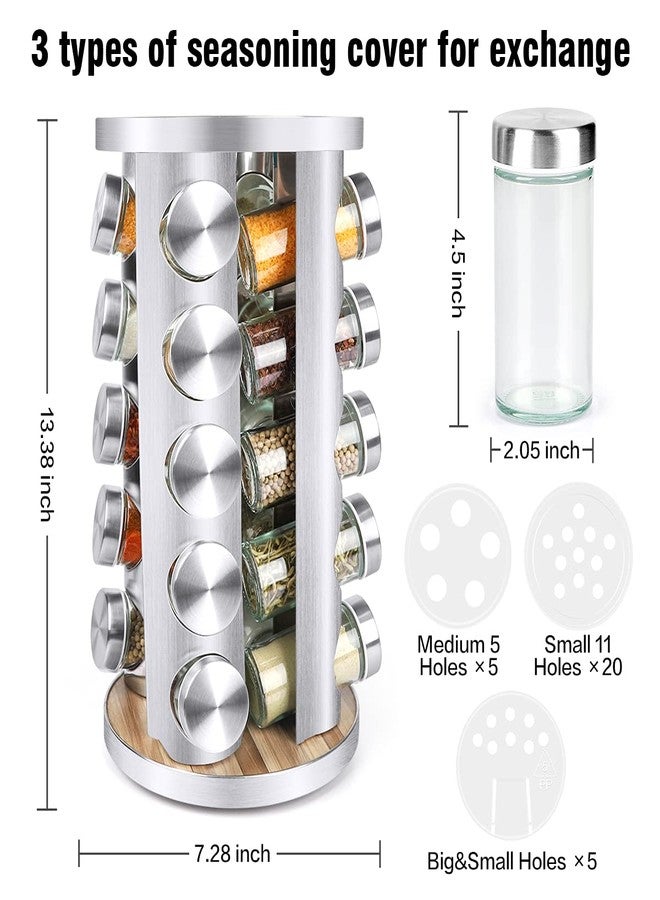 CANTAMI Spice Rack Organizer with Jars for Cabinet (20Pcs) Revolving/Rotating Seasoning Organizer, Stainless Steel/Wooden Countertop Rack Tower Organizer for Kitchen Pantry with Reusable Labels/Funnel/Brushes - Image 2