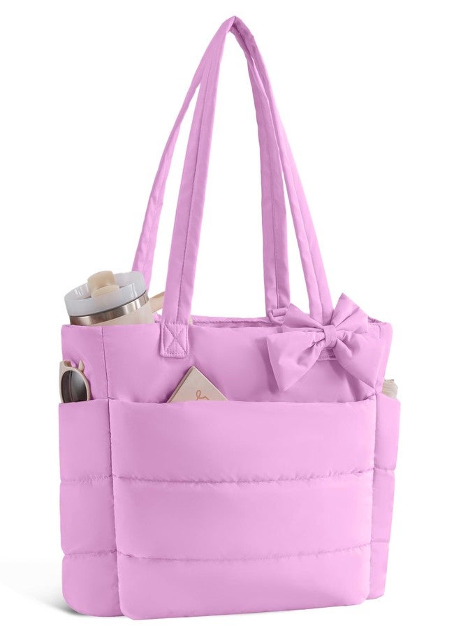 CTWWFS Puffer Tote Bag for Women, Quilted Bow Tote Bag with Cup Holder & 15.6 In Laptop Compartment for Work, Travel, Gym, College, Purple, Fashion - Image 1