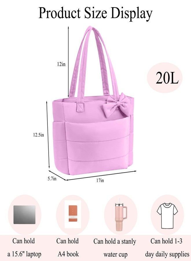 CTWWFS Puffer Tote Bag for Women, Quilted Bow Tote Bag with Cup Holder & 15.6 In Laptop Compartment for Work, Travel, Gym, College, Purple, Fashion - Image 3