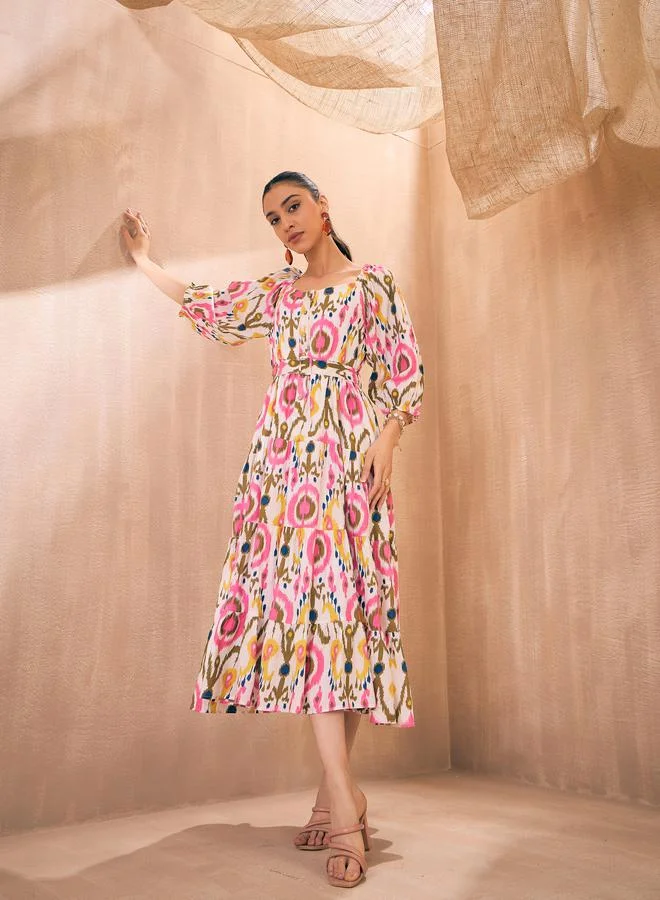 Sassafras  Ikat Print Front Button Self Belt Tiered Midi Dress by Styli for Women | Best Price UAE