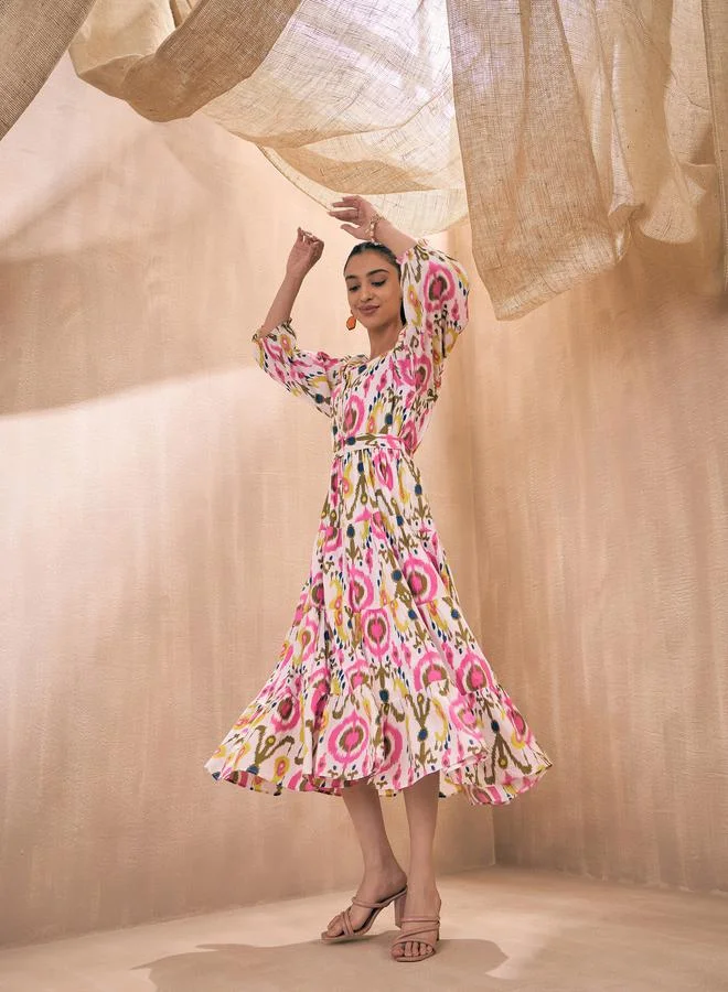 Sassafras  Ikat Print Front Button Self Belt Tiered Midi Dress by Styli for Women | Best Price UAE