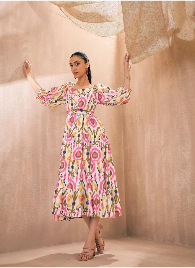 ساسافراس Ikat Print Front Button Self Belt Tiered Midi Dress by Styli