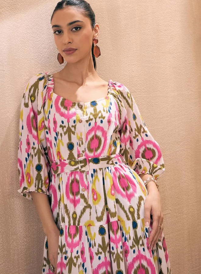 Sassafras  Ikat Print Front Button Self Belt Tiered Midi Dress by Styli for Women | Best Price UAE