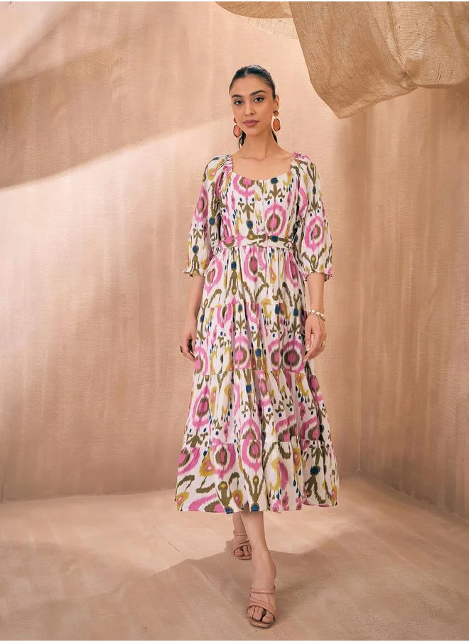 ساسافراس Ikat Print Front Button Self Belt Tiered Midi Dress by Styli