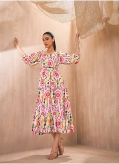 SASSAFRAS Ikat Print Front Button Self Belt Tiered Midi Dress by Styli  - Image 1