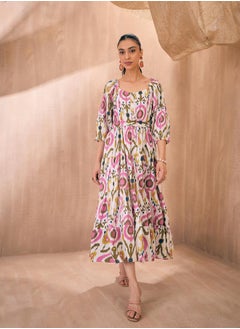 SASSAFRAS Ikat Print Front Button Self Belt Tiered Midi Dress by Styli  - Image 2