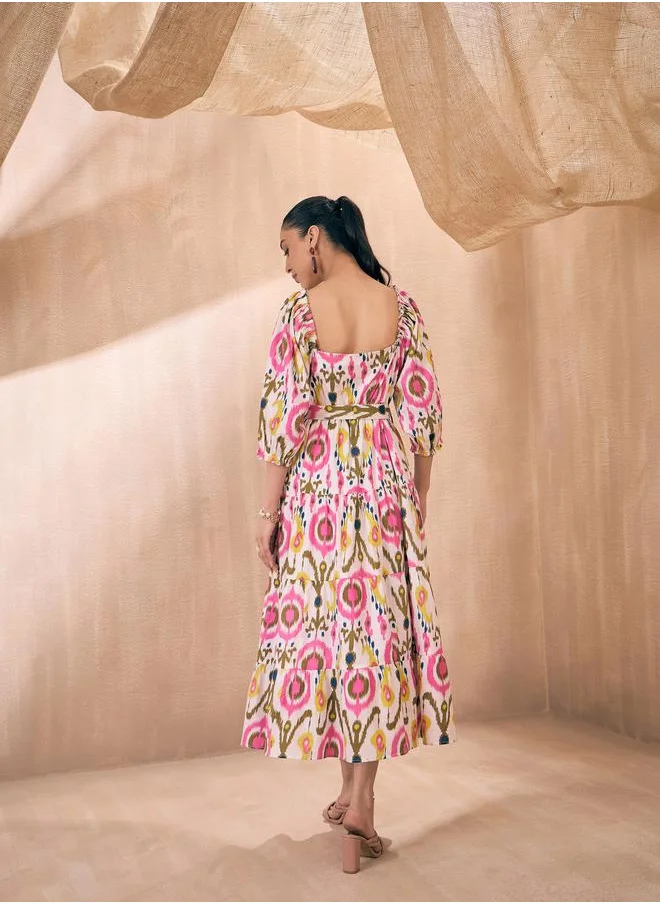 ساسافراس Ikat Print Front Button Self Belt Tiered Midi Dress by Styli