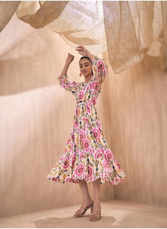 SASSAFRAS Ikat Print Front Button Self Belt Tiered Midi Dress by Styli  - Image 3