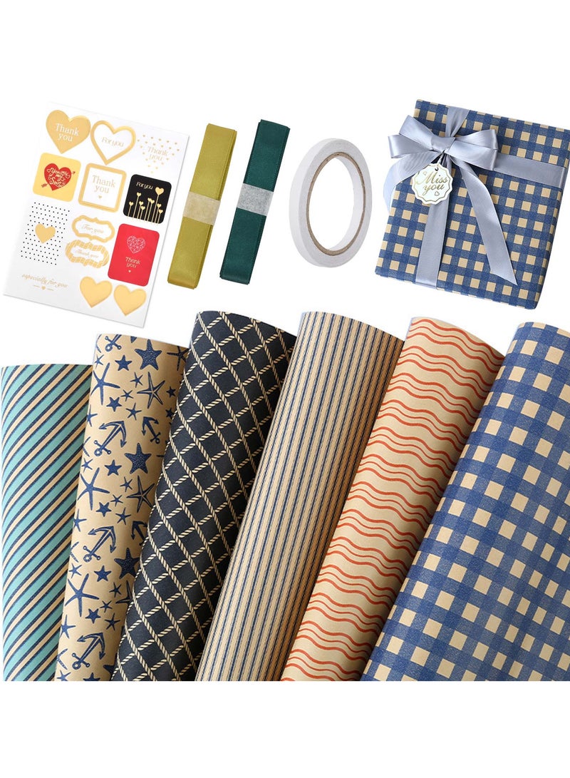 Generic 6 Sheets Kraft Gift Wrapping Paper Set with Stickers, Double-Sided Tape, and Ribbon – 50 x 70 cm – Perfect for All Occasions - Image 1