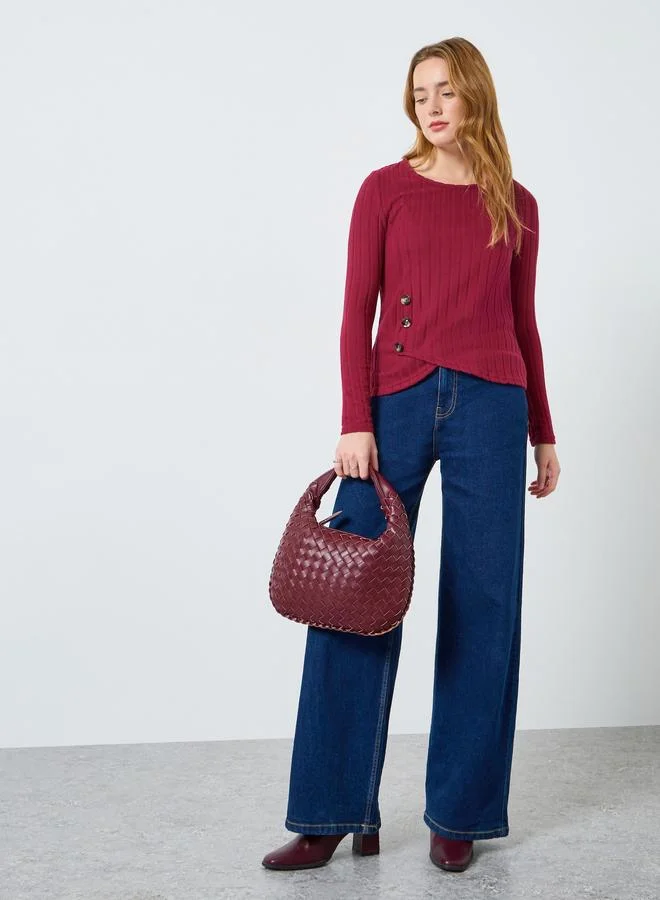 Take Two Women Burgundy Ribbed Top with Button Detail