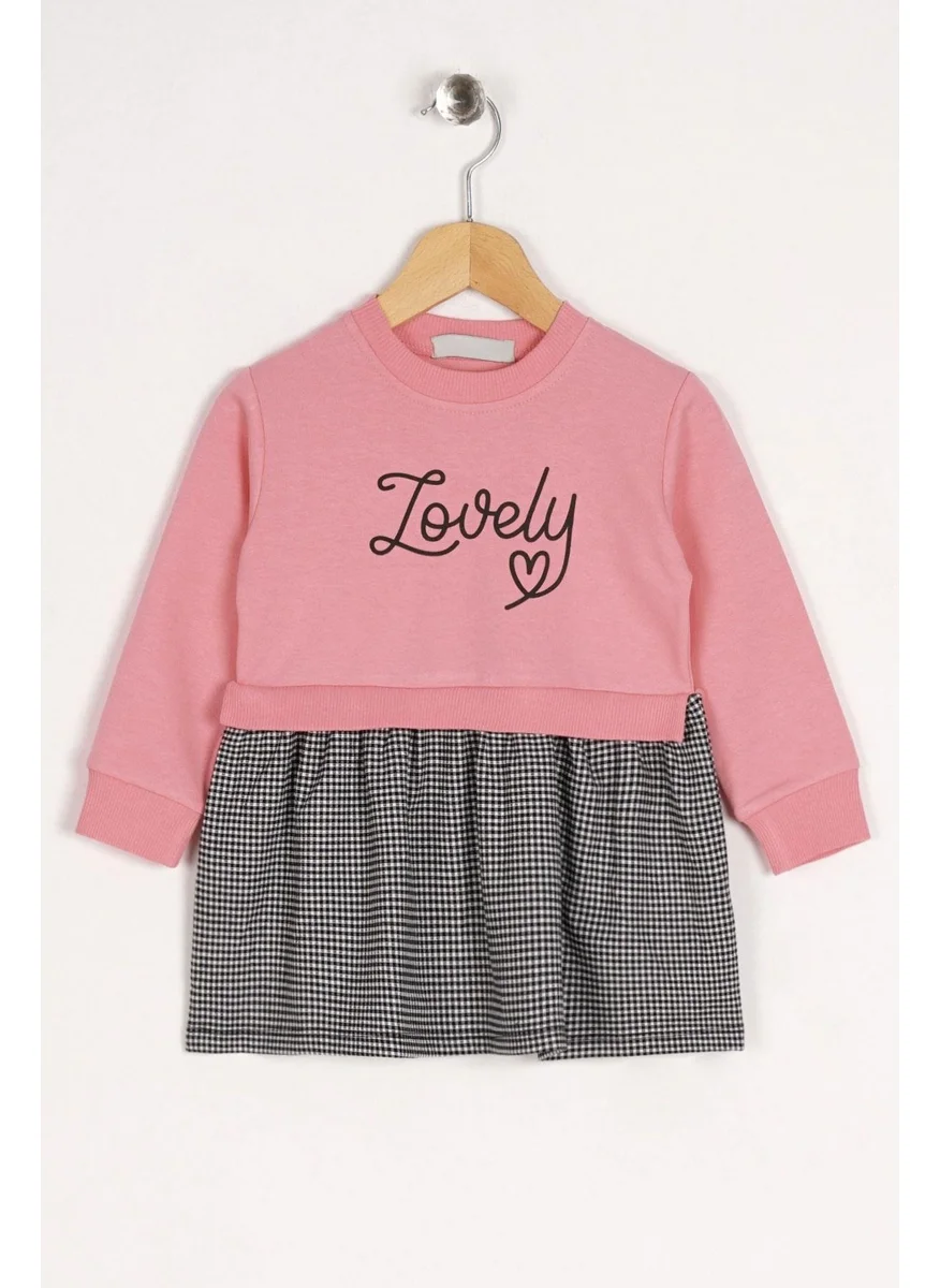 Zepkids Crew Neck Long Sleeve Lovely Printed Skirt Plaid Salmon Black Color Girl Dress