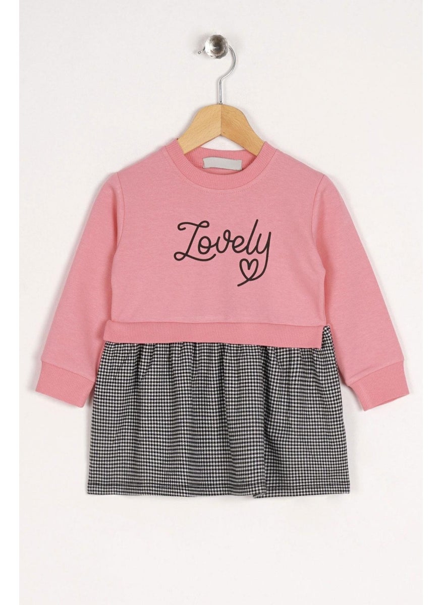 Zepkids - Crew Neck Long Sleeve Lovely Printed Skirt Plaid Salmon Black Color Girl Dress - Image 1