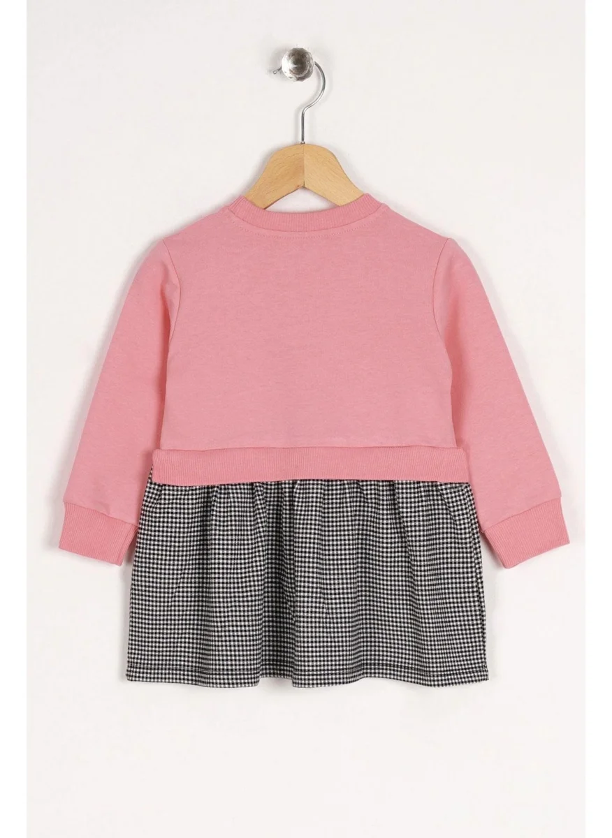Zepkids Crew Neck Long Sleeve Lovely Printed Skirt Plaid Salmon Black Color Girl Dress