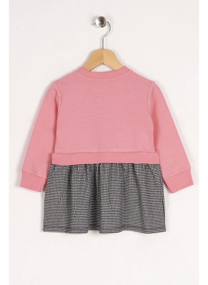 Zepkids - Crew Neck Long Sleeve Lovely Printed Skirt Plaid Salmon Black Color Girl Dress - Image 1