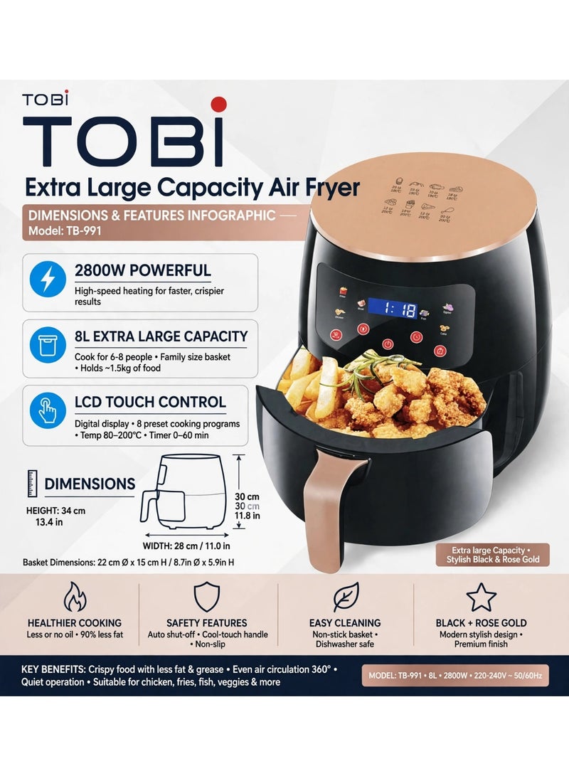 TOBI 8L Digital Air Fryer 2800W Extra Large Family Capacity with LCD Touch Control Panel, Rapid Air Technology and Healthy Low-Oil Cooking for Crispy Chicken, French Fries, Seafood, Meat and Snacks - Image 1